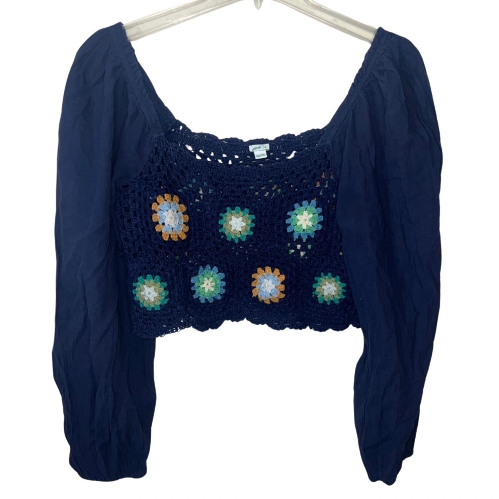 Aerie Navy Floral Crochet Top Puff Long Sleeve Top Size Large